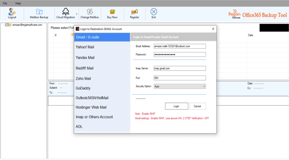 screenshot of Regain Office 365 Backup Tool